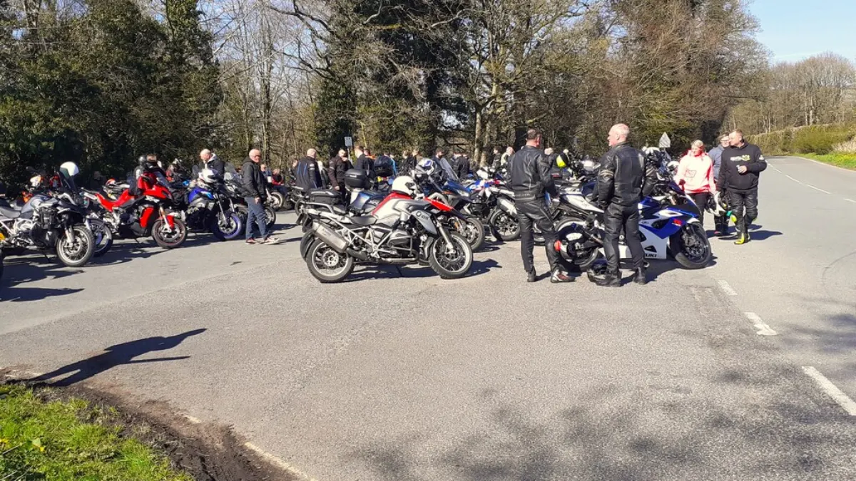 Bike Pooling App - A gathering of motorbike riders at east end of Devil's Bridge at A683 junction
