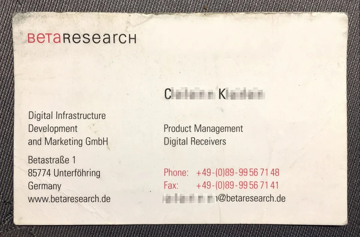 Business Card Scanner App - Business card of a product manager from German company Betaresearch (Kirch group) before b