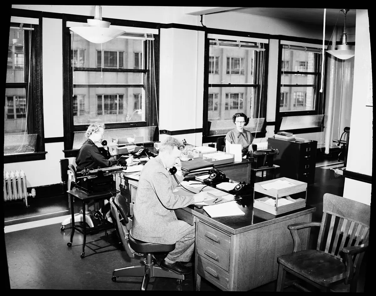 Employee Attendance Software - Seattle City Light employees in office, 1954