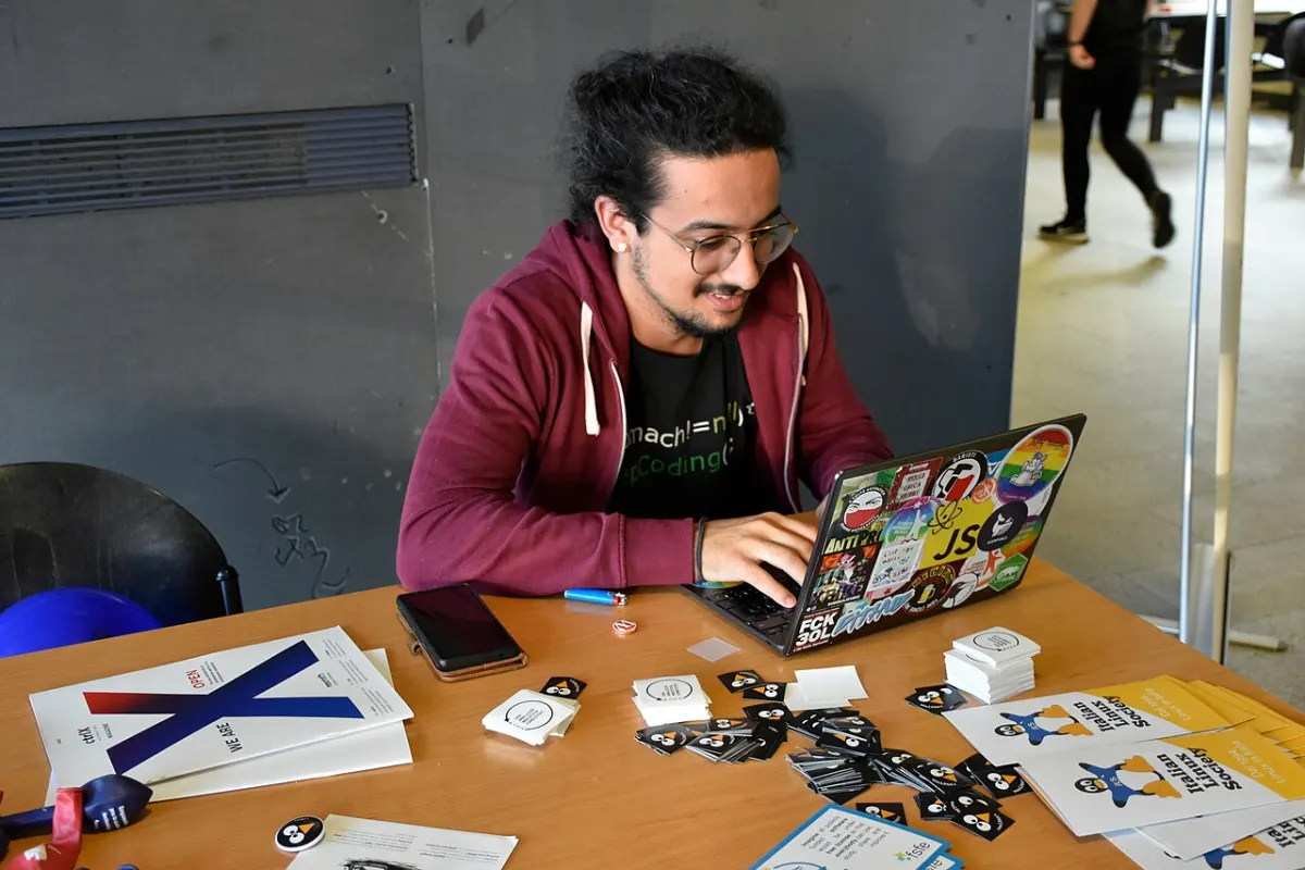Grammar Checker - Hacker typing on a Linux laptop full of stickers