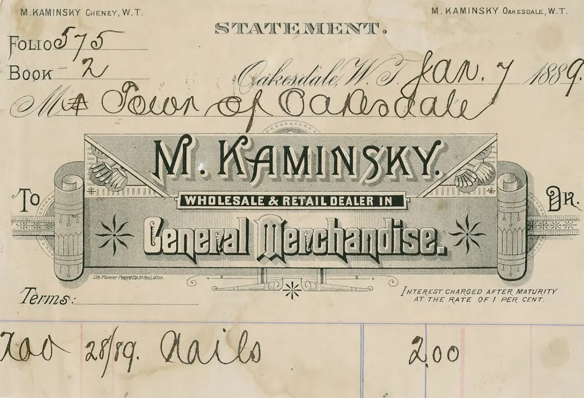 Invoice Generator Software - M. Kaminsky, General Merchandise business invoice, Oakesdale, Washington, 1889 - DPLA - 97