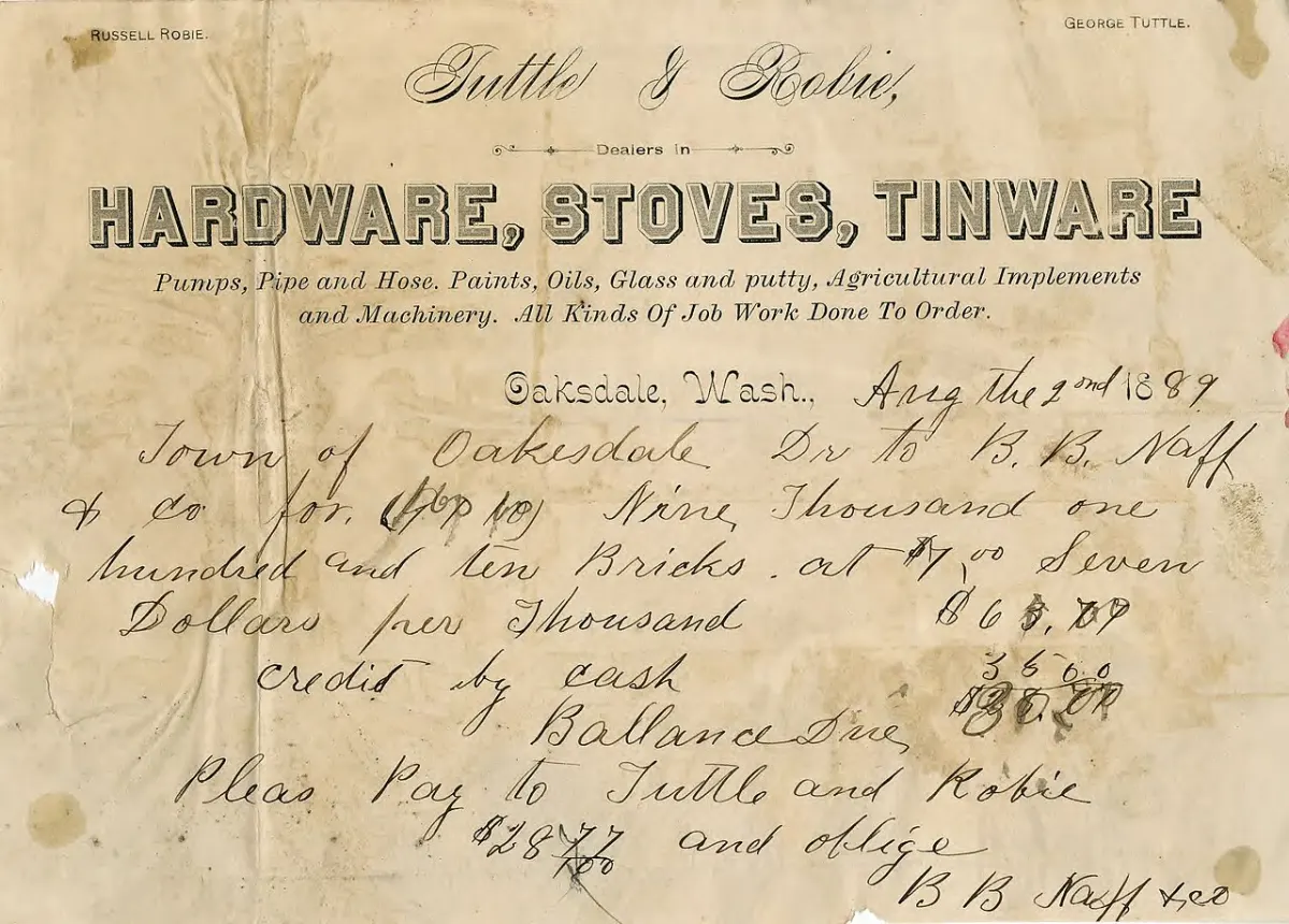 Invoice Generator Software - Tuttle and Robie Hardware business invoice, Oakesdale, Washington, 1889 - DPLA - 395e42418