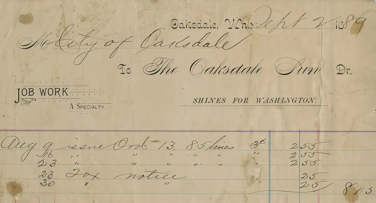 Invoice Management System - Oaksdale Sun business invoice, Oakesdale, Washington, 1889 - DPLA - 90a0001002b549e419bf60