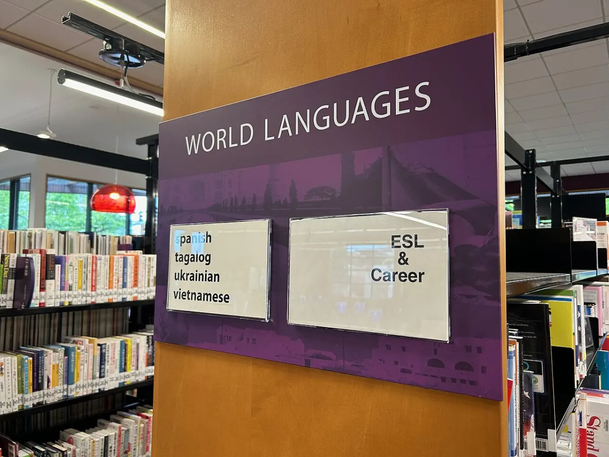 Language Translation System - World languages sign at Kent Regional Library