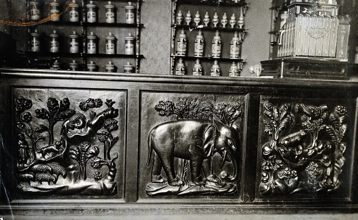 Pharmacy Billing Software - A seventeenth-century wooden pharmacy counter carved in low Wellcome V0029809