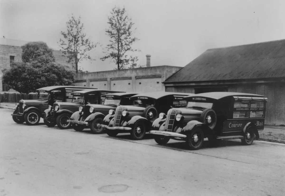 Transport Management System - StateLibQld 2 Fleet of newspaper delivery trucks belonging to the Courier Mail, Brisbane