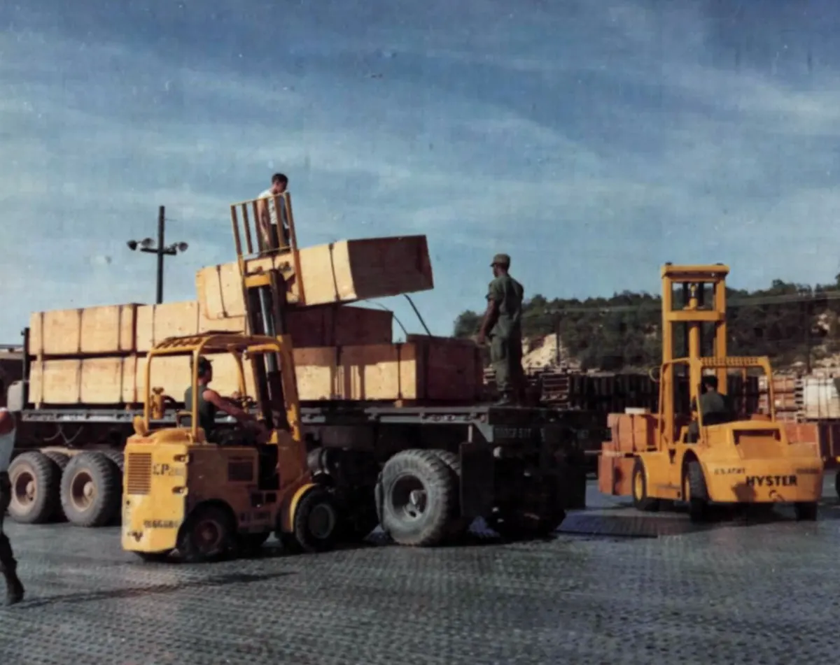 Warehouse Management System - Forklifts load crates onto trailer trucks at the warehouse operated by the 1st Logistical 